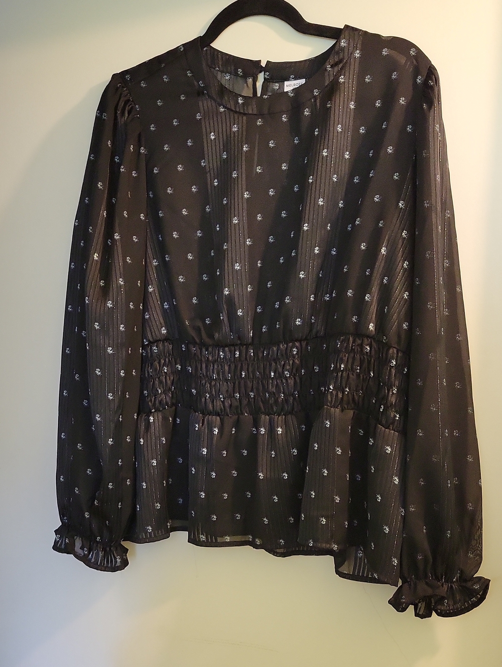 Melrose and Market Black Floral Smocked-Waist Long Sleeve Blouse. XXL